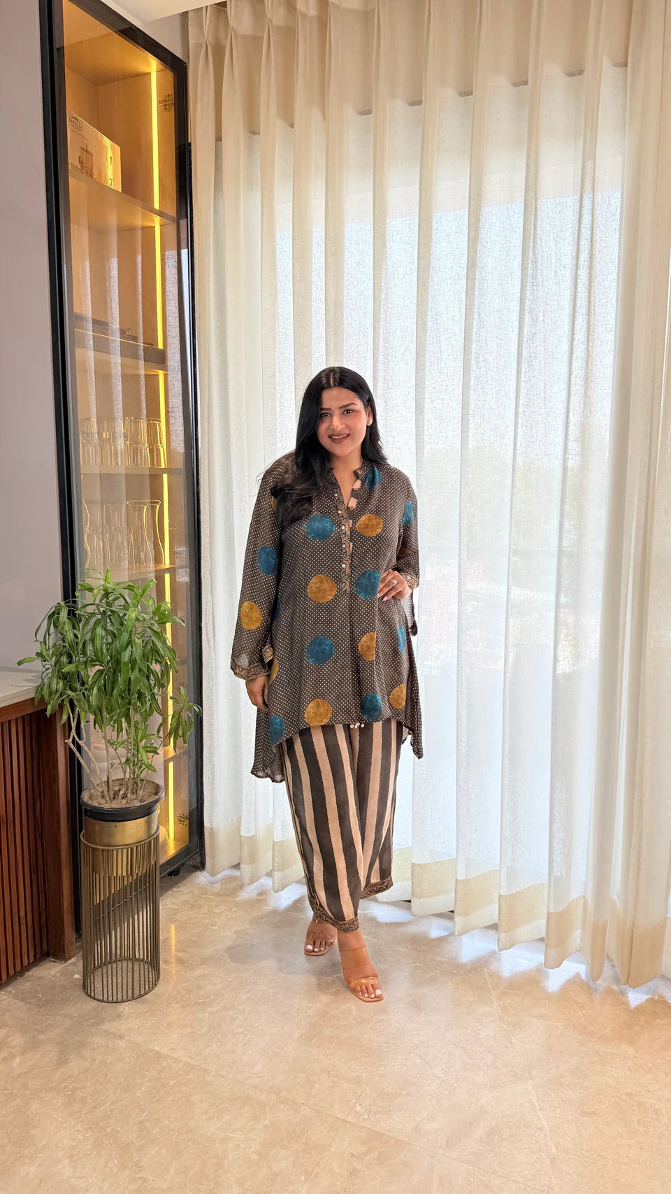 Mustard Blue Polka Muslin Cord Set