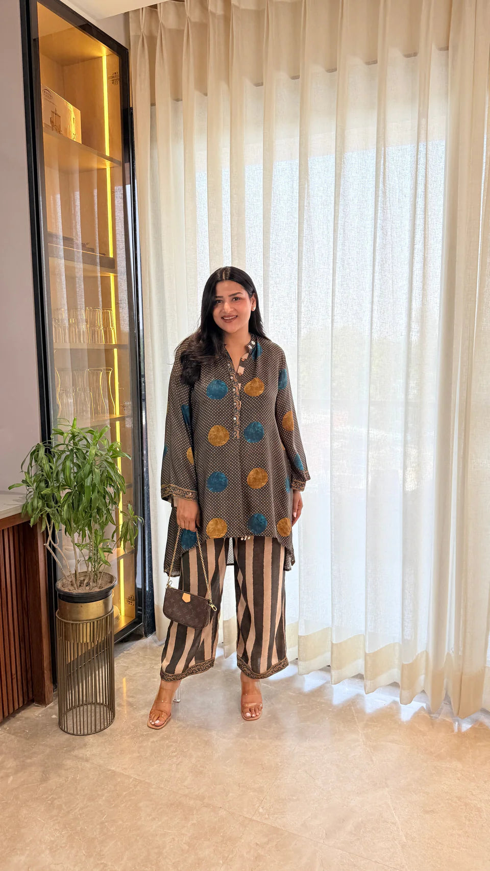 Mustard Blue Polka Muslin Cord Set