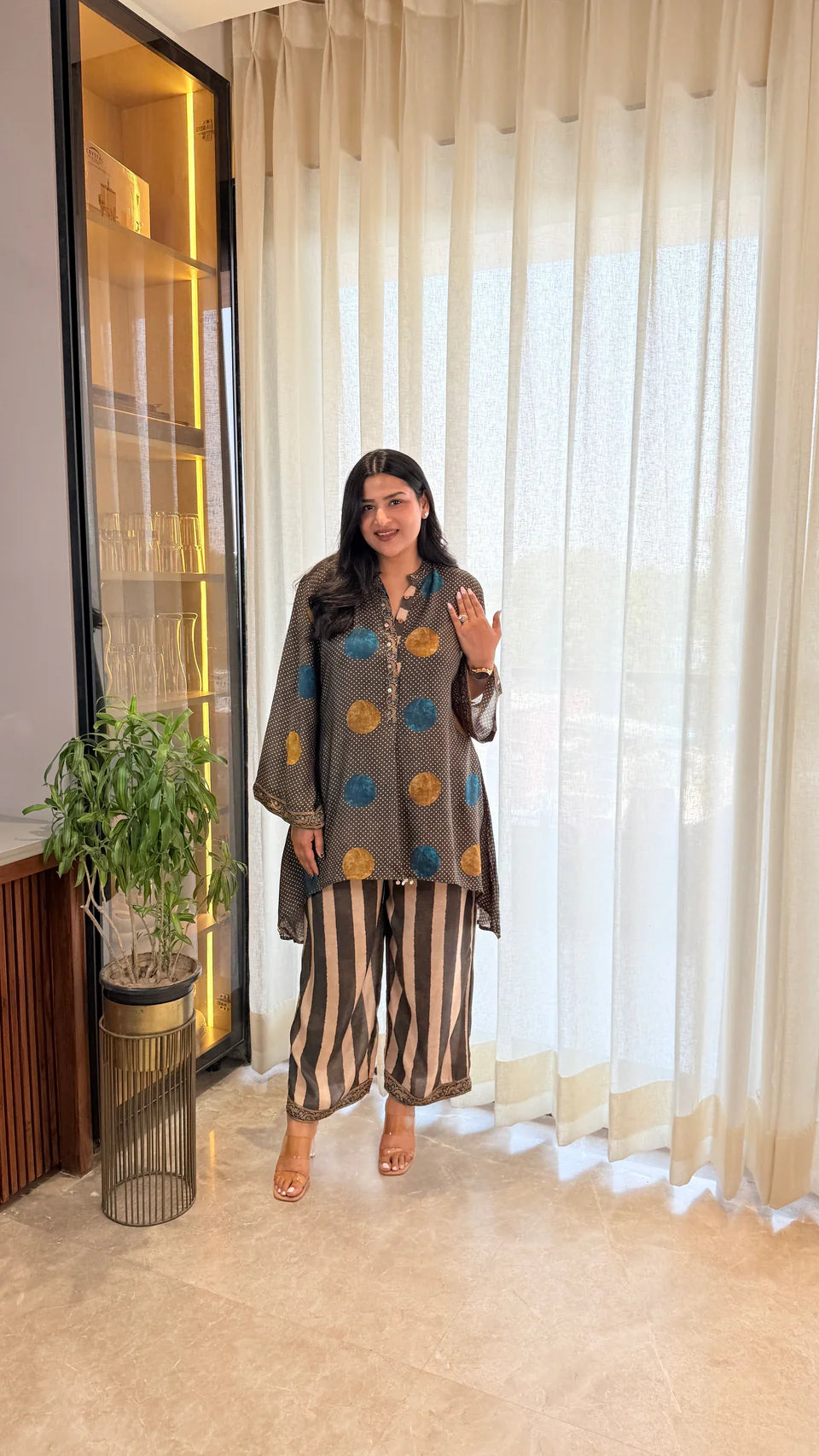 Mustard Blue Polka Muslin Cord Set