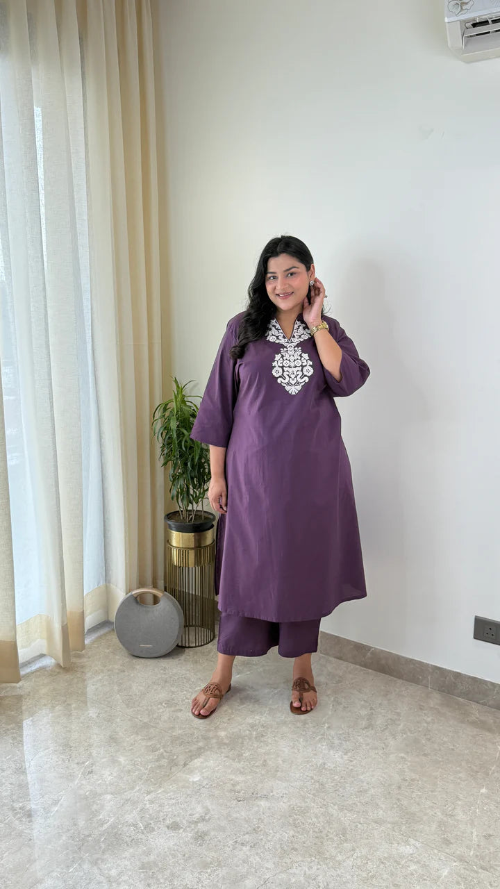Sukoon Purple Threadwork Kurta Pants