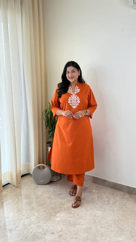 Sukoon Rust Threadwork Kurta Pants