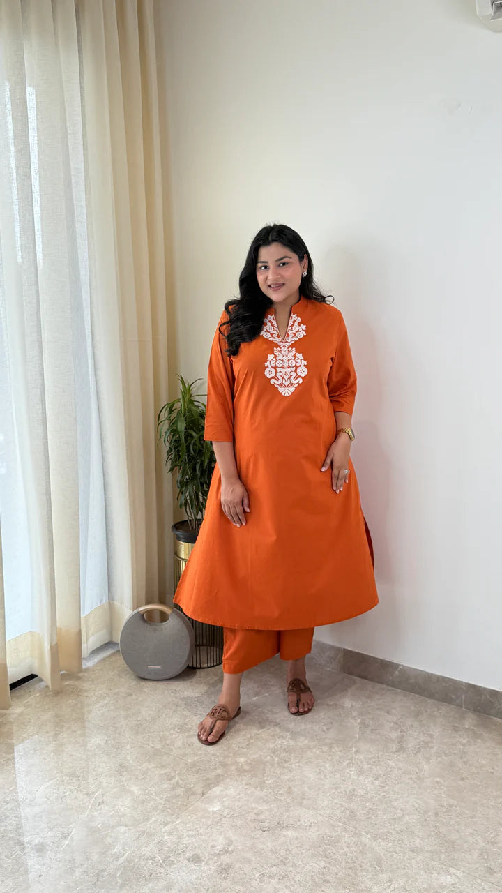 Sukoon Rust Threadwork Kurta Pants
