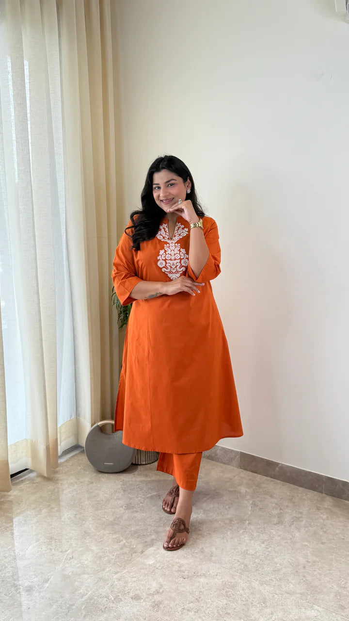 Sukoon Rust Threadwork Kurta Pants