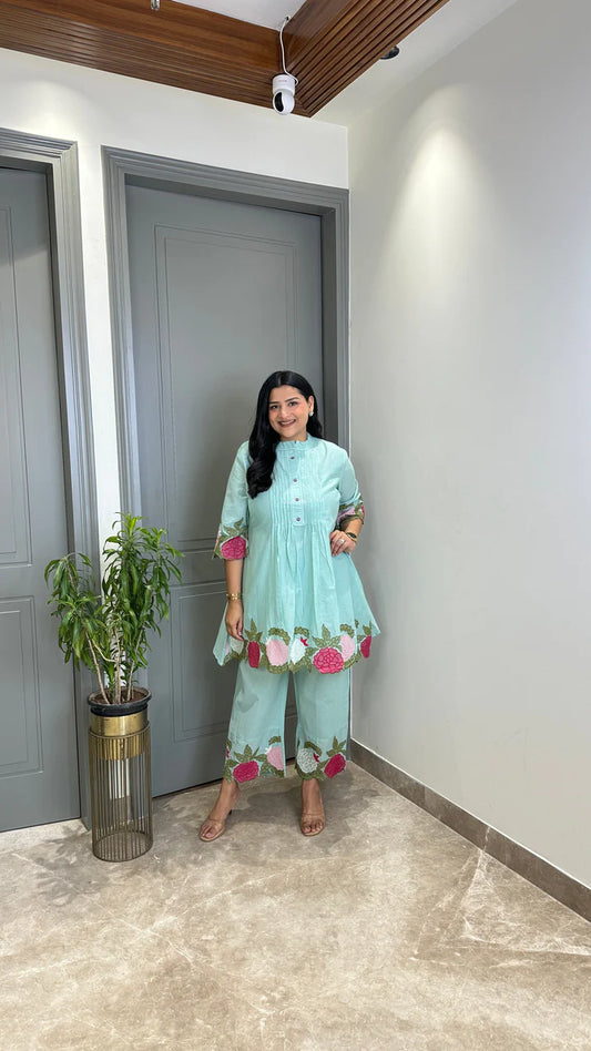 Powder Blue Floral Mul Cord Set