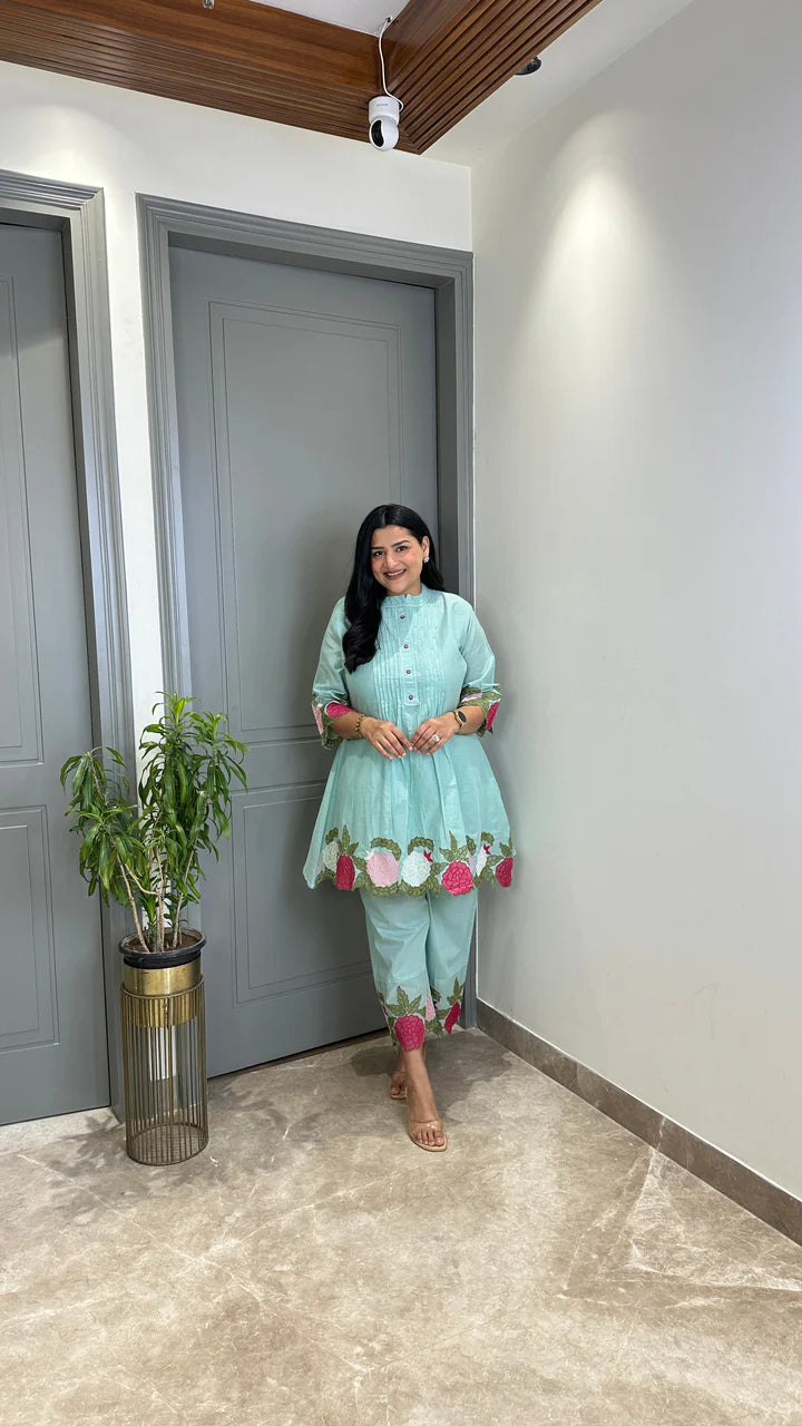 Powder Blue Floral Mul Cord Set