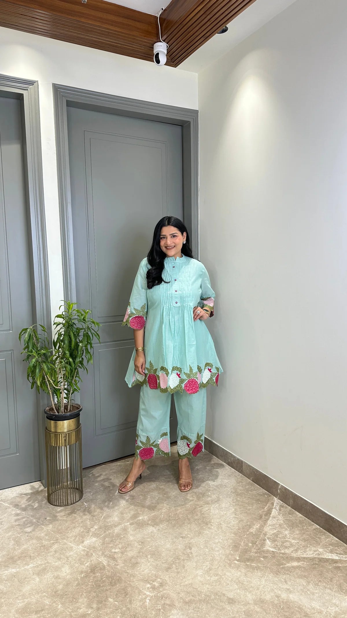 Powder Blue Floral Mul Cord Set
