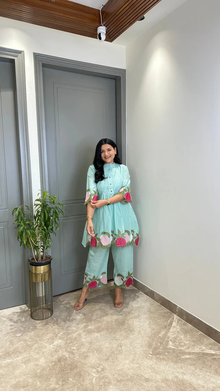 Powder Blue Floral Mul Cord Set