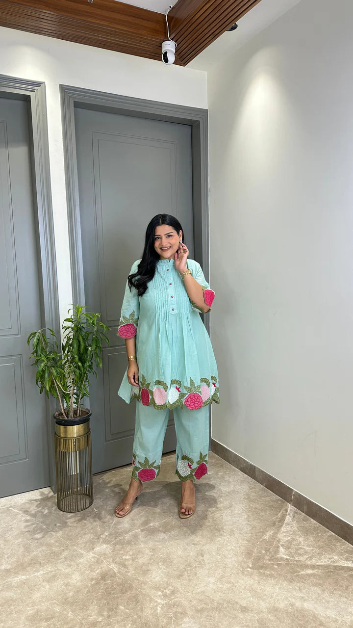 Powder Blue Floral Mul Cord Set